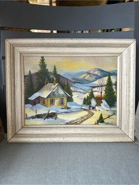 Vintage 1956 Quebec Folk Art Original Oil Painting Winter Landscape Mid Century